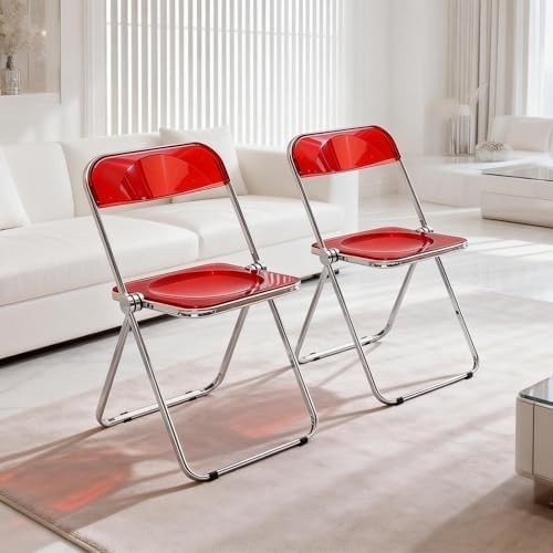 Clear Acrylic Folding Chair Chrome Frame Stackable Dining Vanity Seat Red - Kwikley