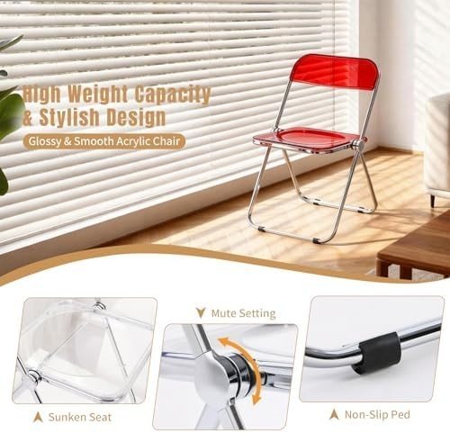Clear Acrylic Folding Chair Chrome Frame Stackable Dining Vanity Seat Red - Kwikley