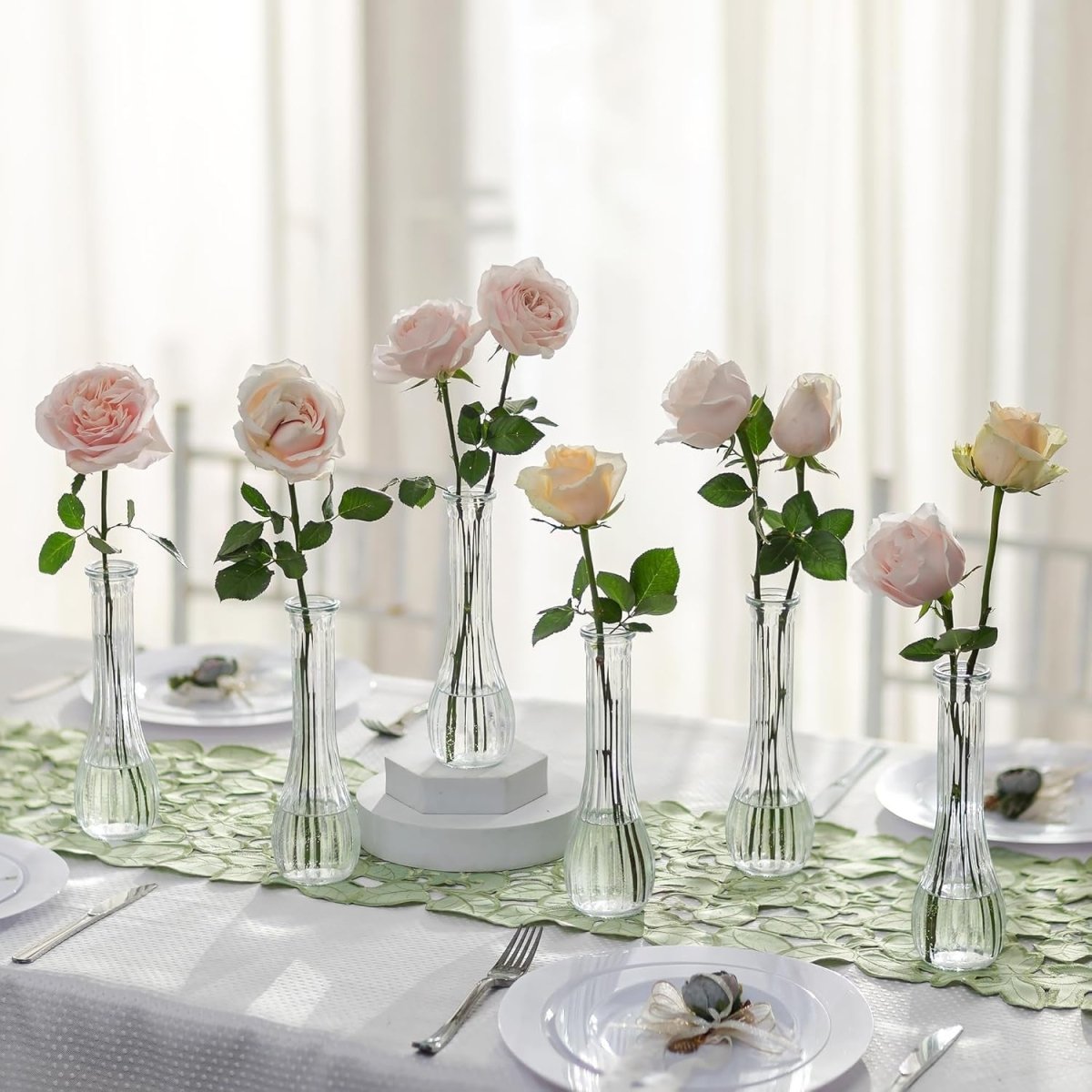 Clear Glass Bud Vase Set of 6 Tall Ribbed Flower Vases Wedding Table Decor - Kwikley