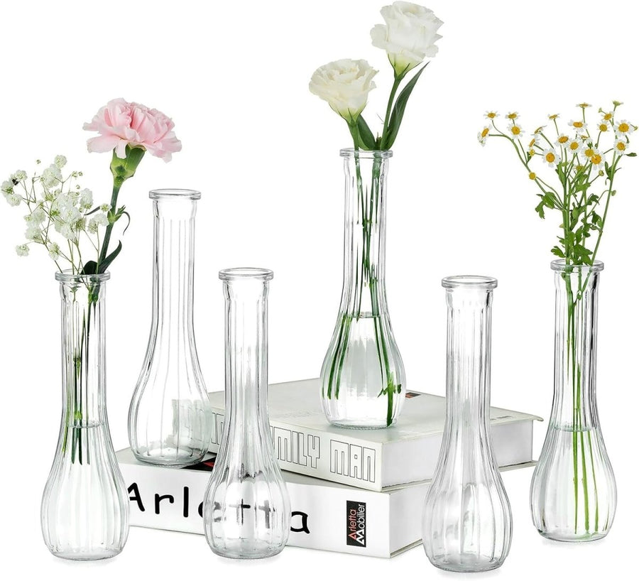 Clear Glass Bud Vase Set of 6 Tall Ribbed Flower Vases Wedding Table Decor - Kwikley