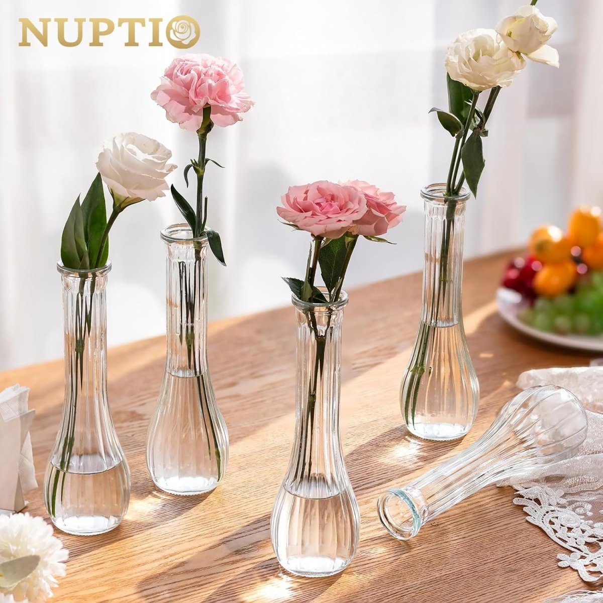 Clear Glass Bud Vase Set of 6 Tall Ribbed Flower Vases Wedding Table Decor - Kwikley