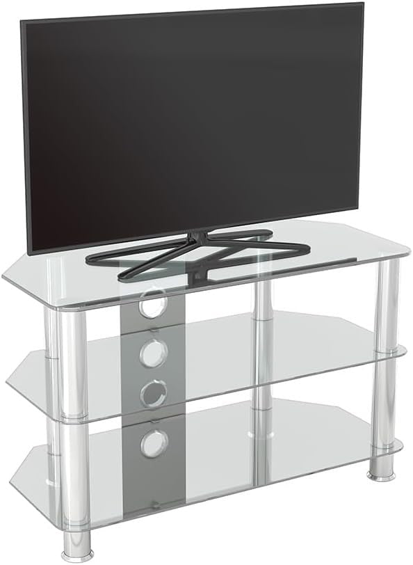 Clear Glass TV Stand 80cm Wide for TVs up to 43" | Chrome Legs | Cable Mgmt - Kwikley