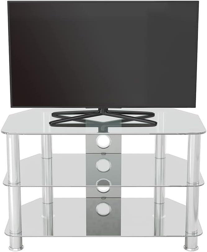 Clear Glass TV Stand 80cm Wide for TVs up to 43" | Chrome Legs | Cable Mgmt - Kwikley