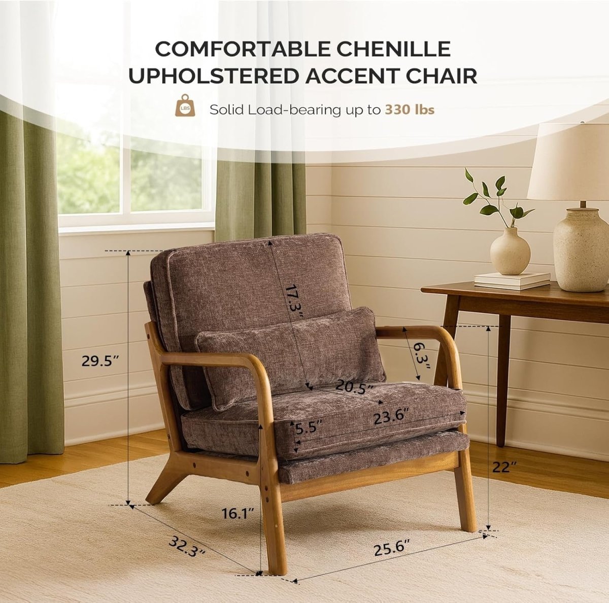 Coffee Brown Chenille Accent Chair – Solid Wood Lounge Armchair - Kwikley