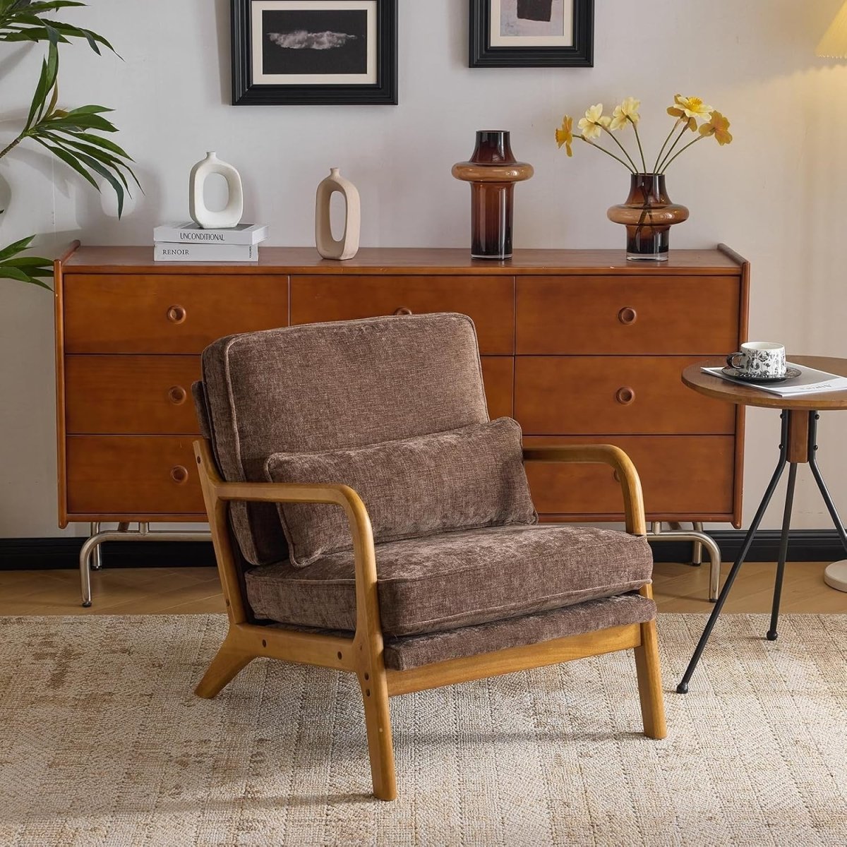 Coffee Brown Chenille Accent Chair – Solid Wood Lounge Armchair - Kwikley