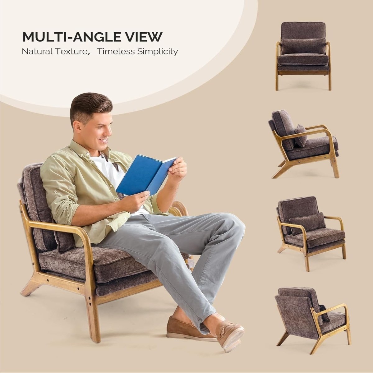Coffee Brown Chenille Accent Chair – Solid Wood Lounge Armchair - Kwikley