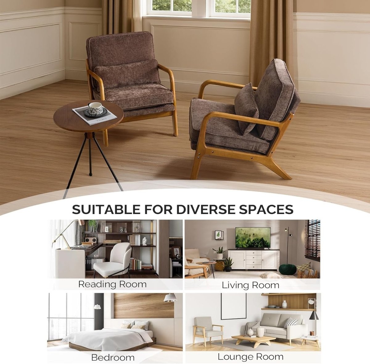 Coffee Brown Chenille Accent Chair – Solid Wood Lounge Armchair - Kwikley
