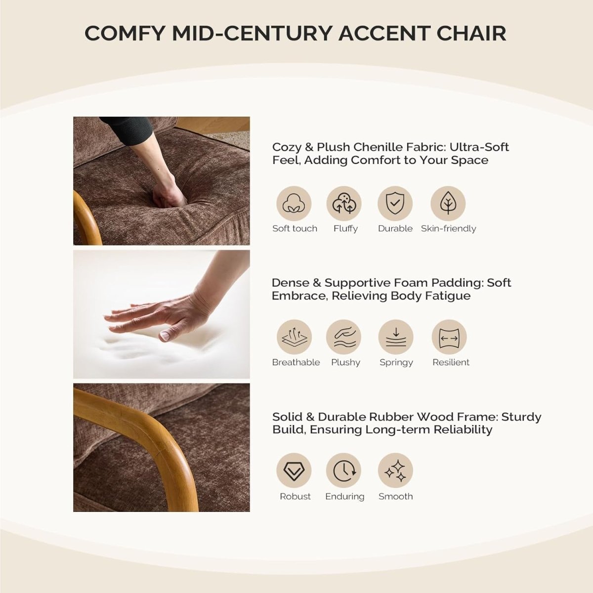 Coffee Brown Chenille Accent Chair – Solid Wood Lounge Armchair - Kwikley