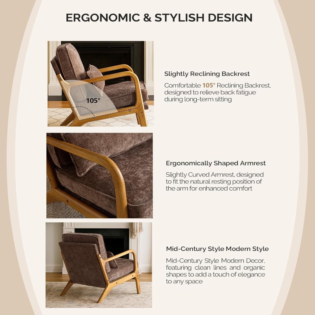 Coffee Brown Chenille Accent Chair – Solid Wood Lounge Armchair - Kwikley