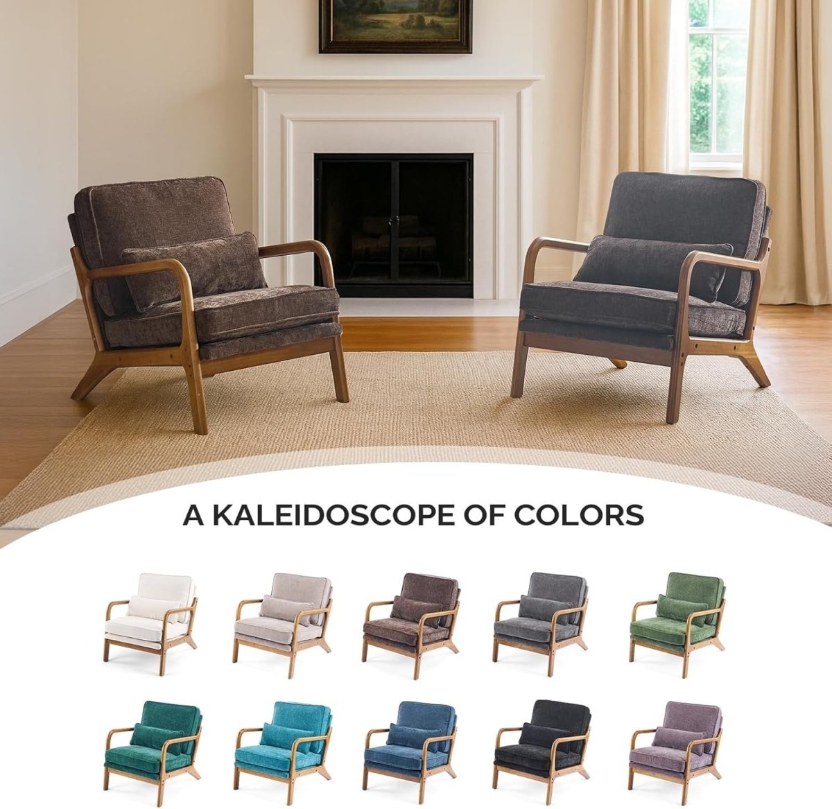 Coffee Brown Chenille Accent Chair – Solid Wood Lounge Armchair - Kwikley