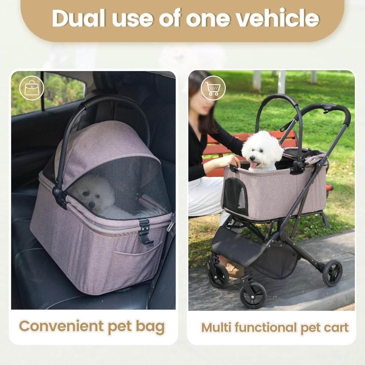 Coffee Brown Pet Stroller 4 Wheel Foldable Travel Carrier Car Seat Basket - Kwikley