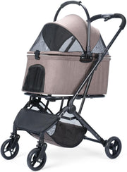 Coffee Brown Pet Stroller 4 Wheel Foldable Travel Carrier Car Seat Basket - Kwikley