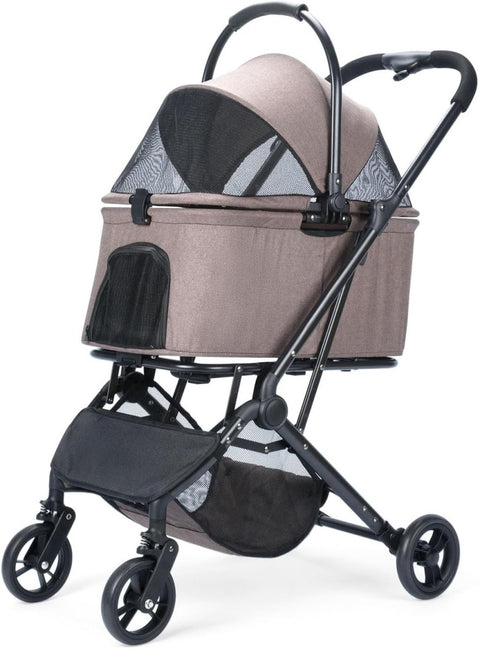 Coffee Brown Pet Stroller 4 Wheel Foldable Travel Carrier Car Seat Basket