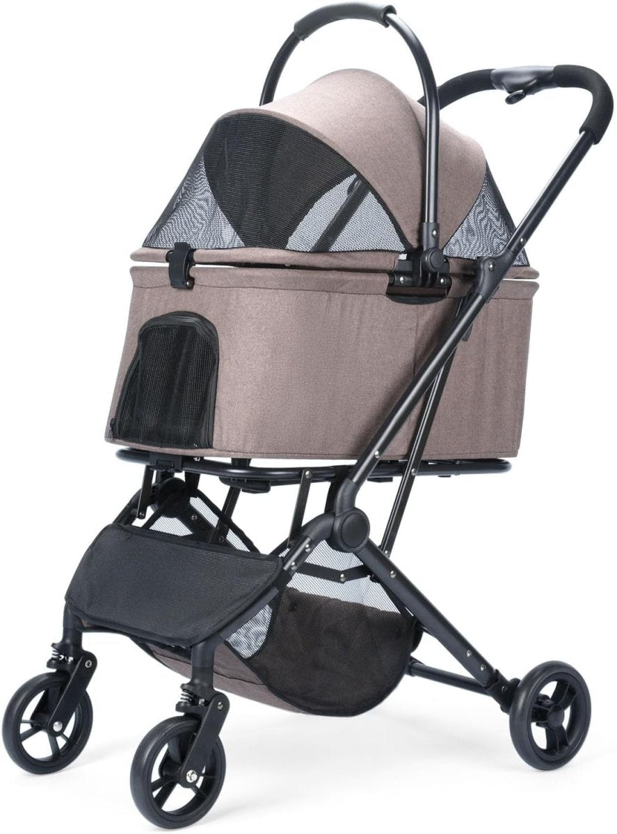 Coffee Brown Pet Stroller 4 Wheel Foldable Travel Carrier Car Seat Basket - Kwikley