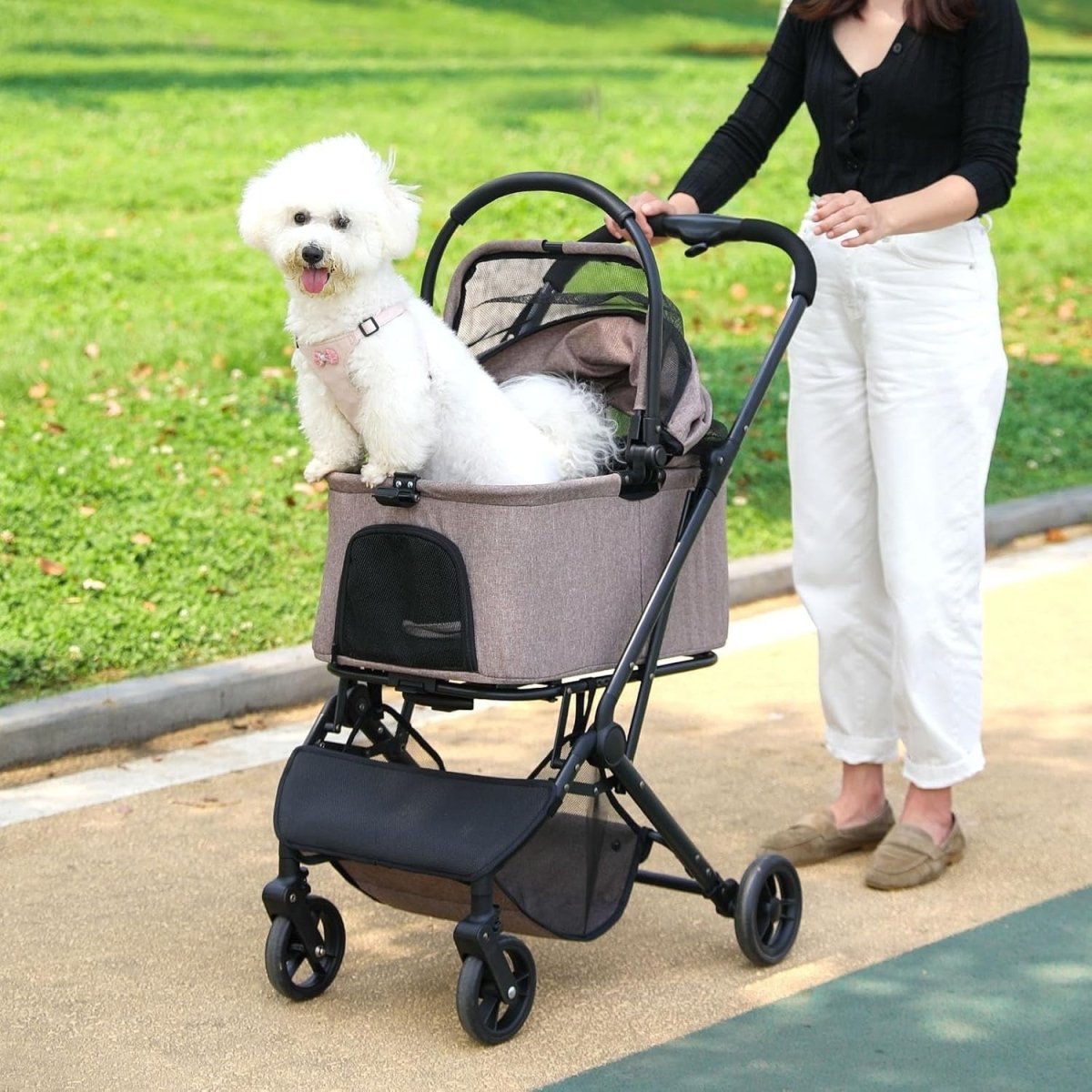 Coffee Brown Pet Stroller 4 Wheel Foldable Travel Carrier Car Seat Basket - Kwikley