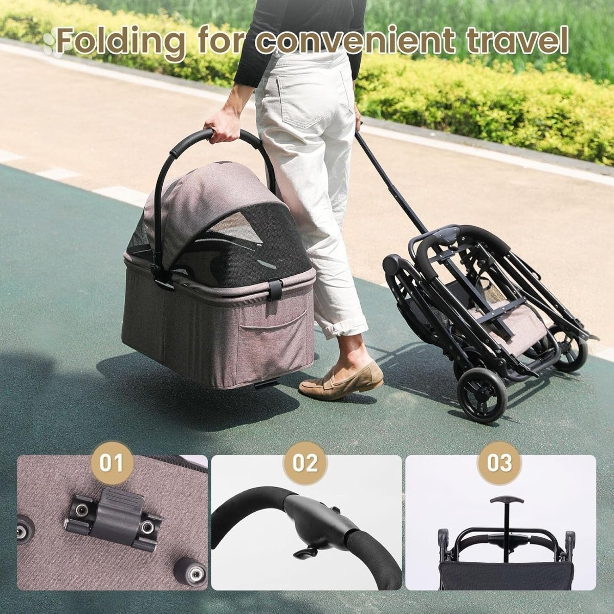 Coffee Brown Pet Stroller 4 Wheel Foldable Travel Carrier Car Seat Basket - Kwikley