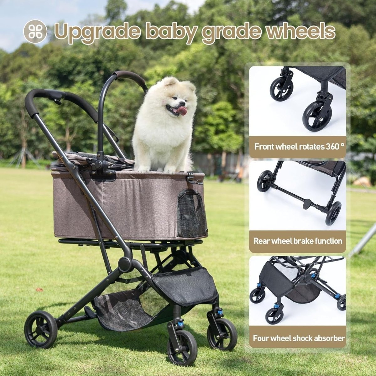 Coffee Brown Pet Stroller 4 Wheel Foldable Travel Carrier Car Seat Basket - Kwikley