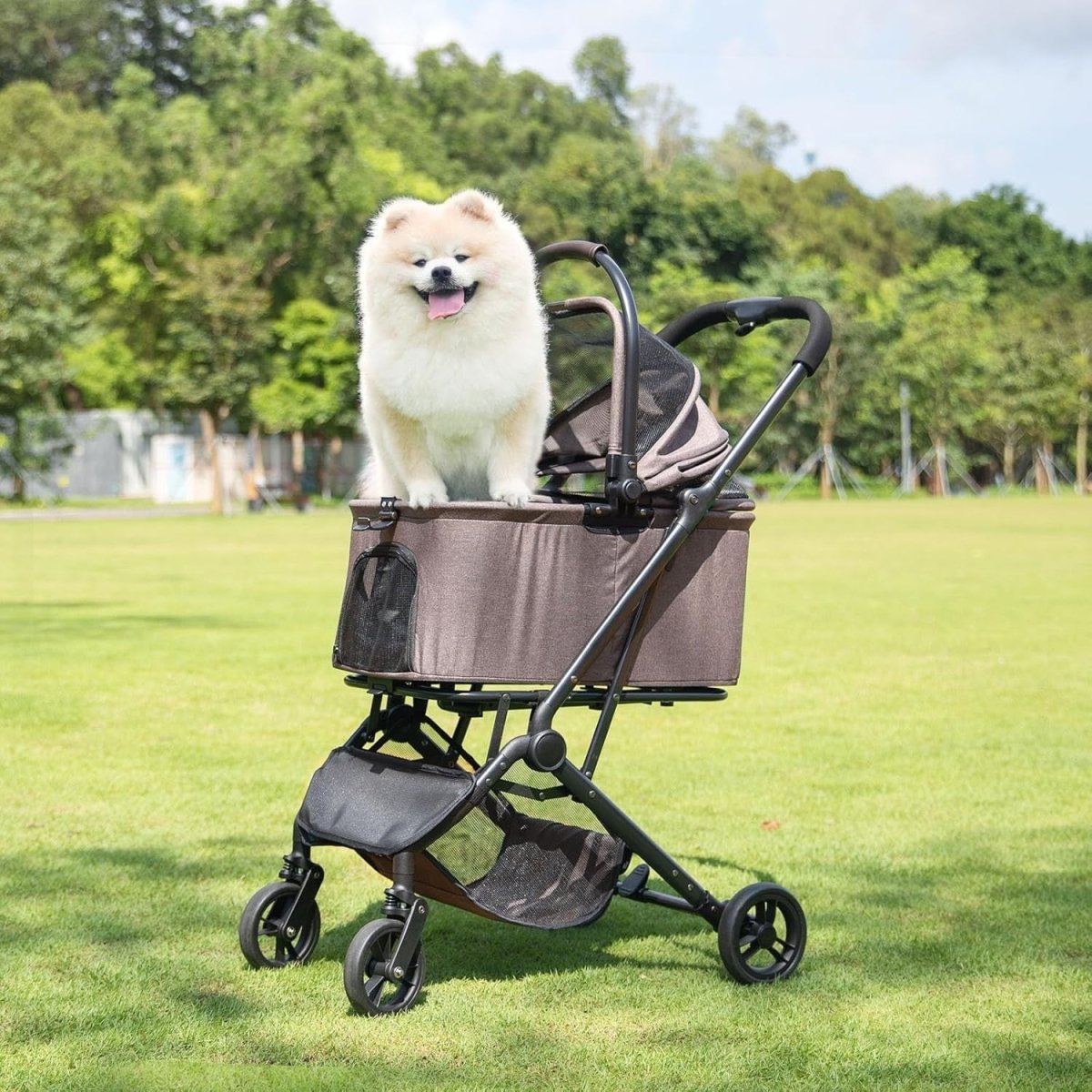 Coffee Brown Pet Stroller 4 Wheel Foldable Travel Carrier Car Seat Basket - Kwikley
