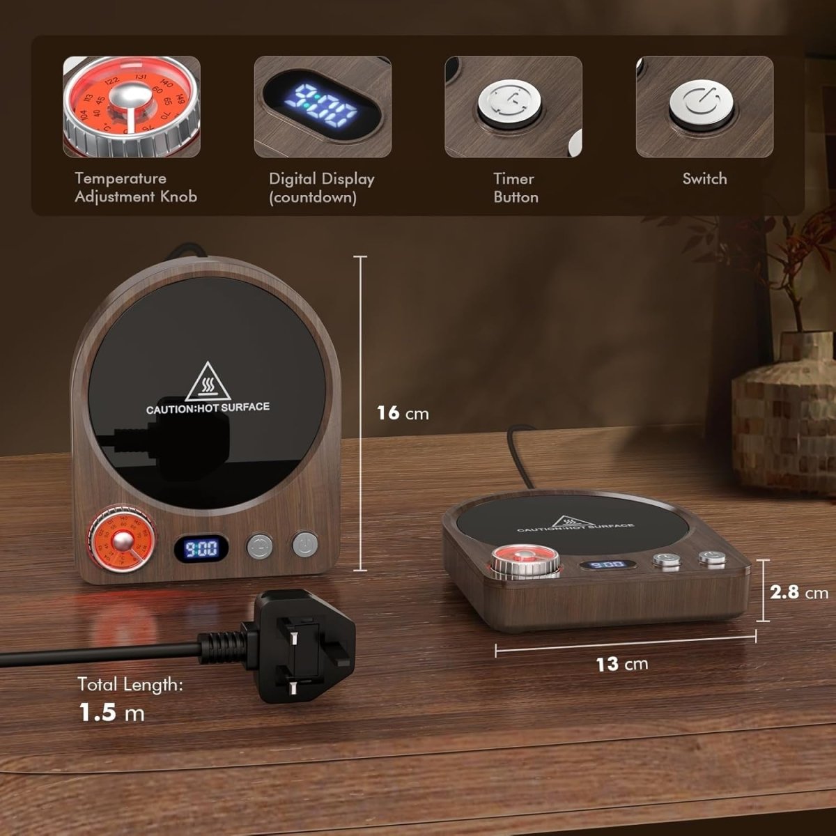 Coffee Mug Warmer 40 - 80°C Desk Cup Heater Timer LED Display - Kwikley