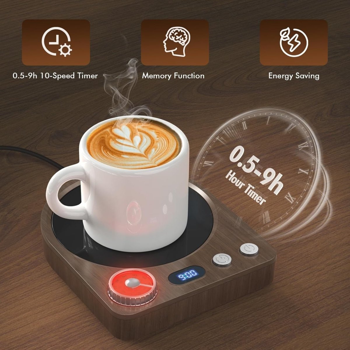 Coffee Mug Warmer 40 - 80°C Desk Cup Heater Timer LED Display - Kwikley