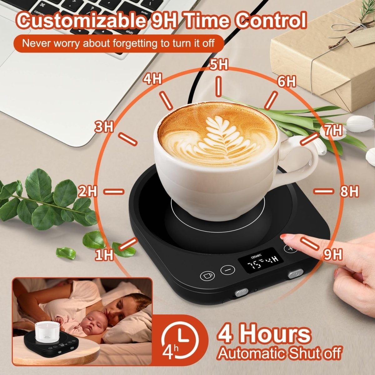 Coffee Mug Warmer – Smart Desk Cup Warmer, Black/Red, 9 Temp Settings - Kwikley
