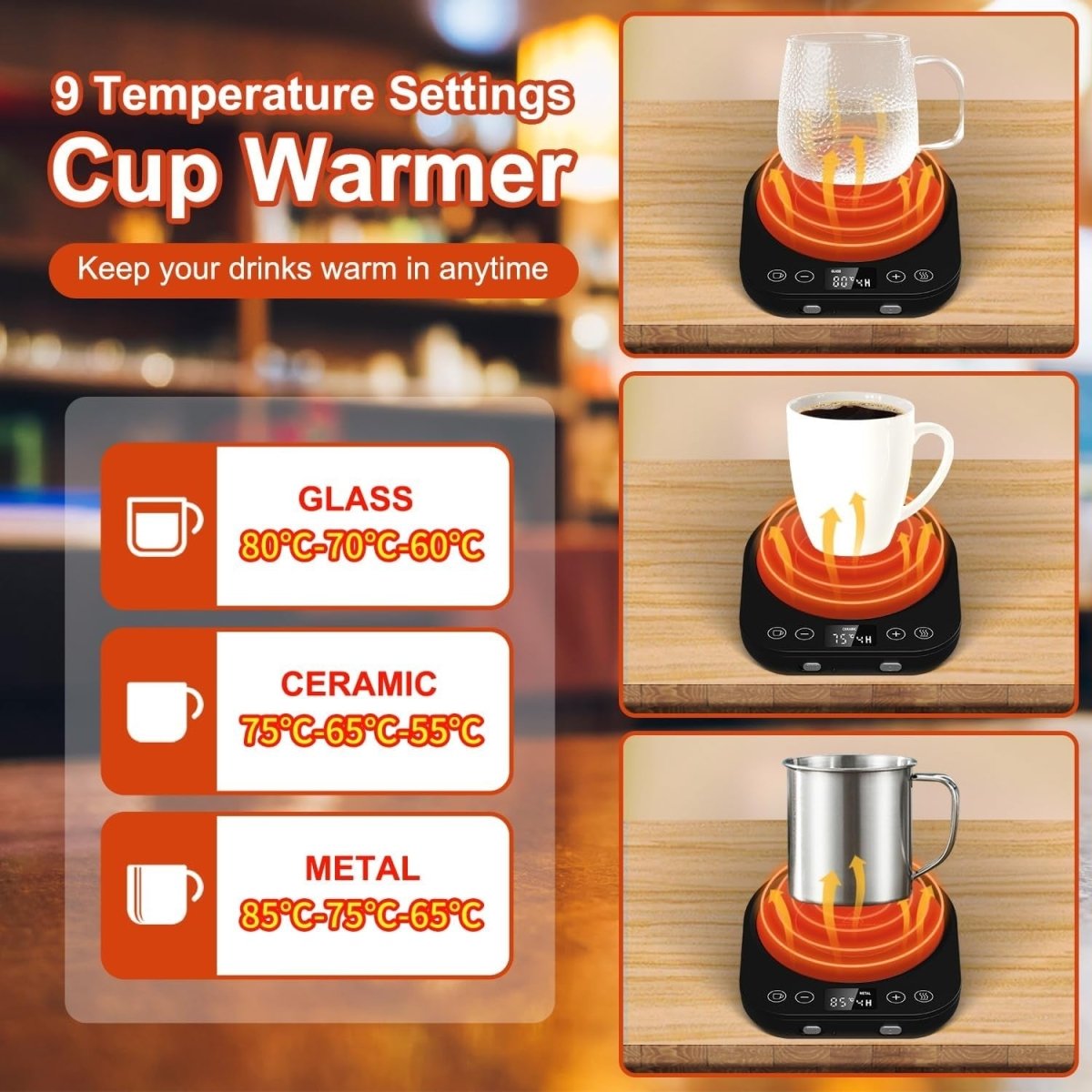 Coffee Mug Warmer – Smart Desk Cup Warmer, Black/Red, 9 Temp Settings - Kwikley