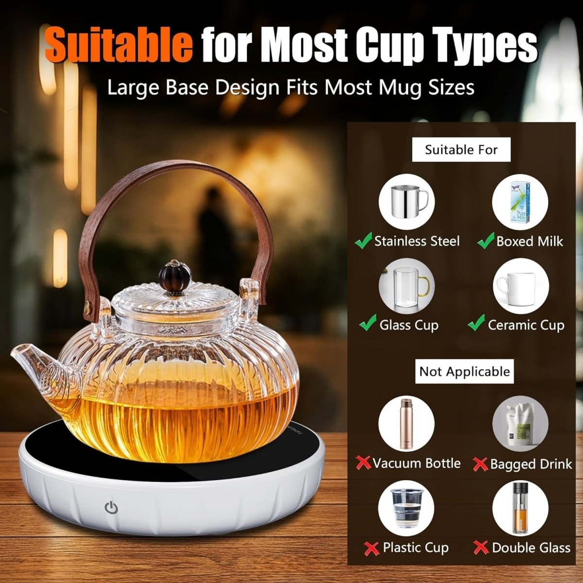 Coffee Mug Warmer White LCD Touch 3 Temp 8H Auto Shut Off Desk - Kwikley