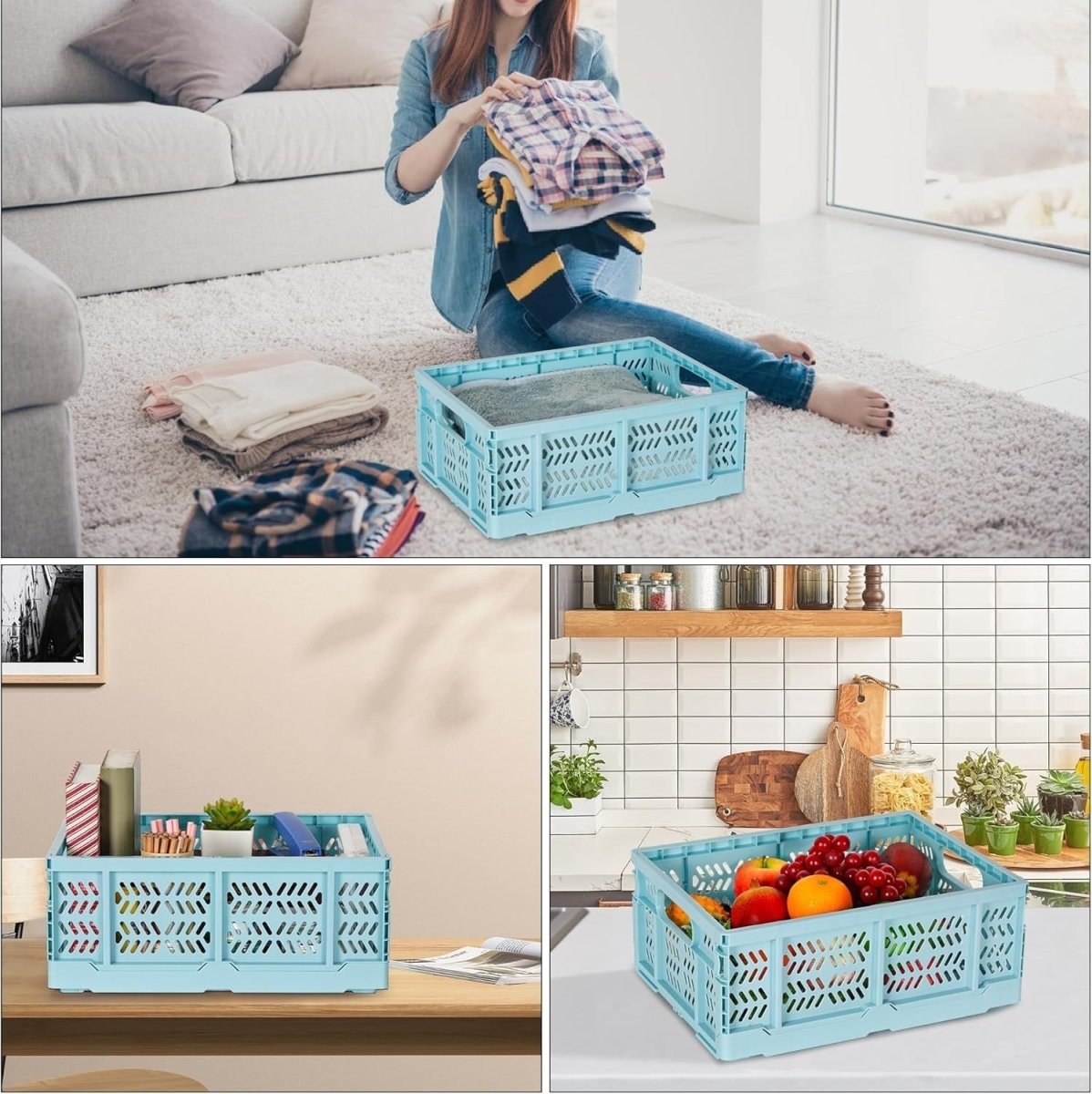 Collapsible Storage Crate 40x30x16.5cm Folding Plastic Box Blue - Kwikley