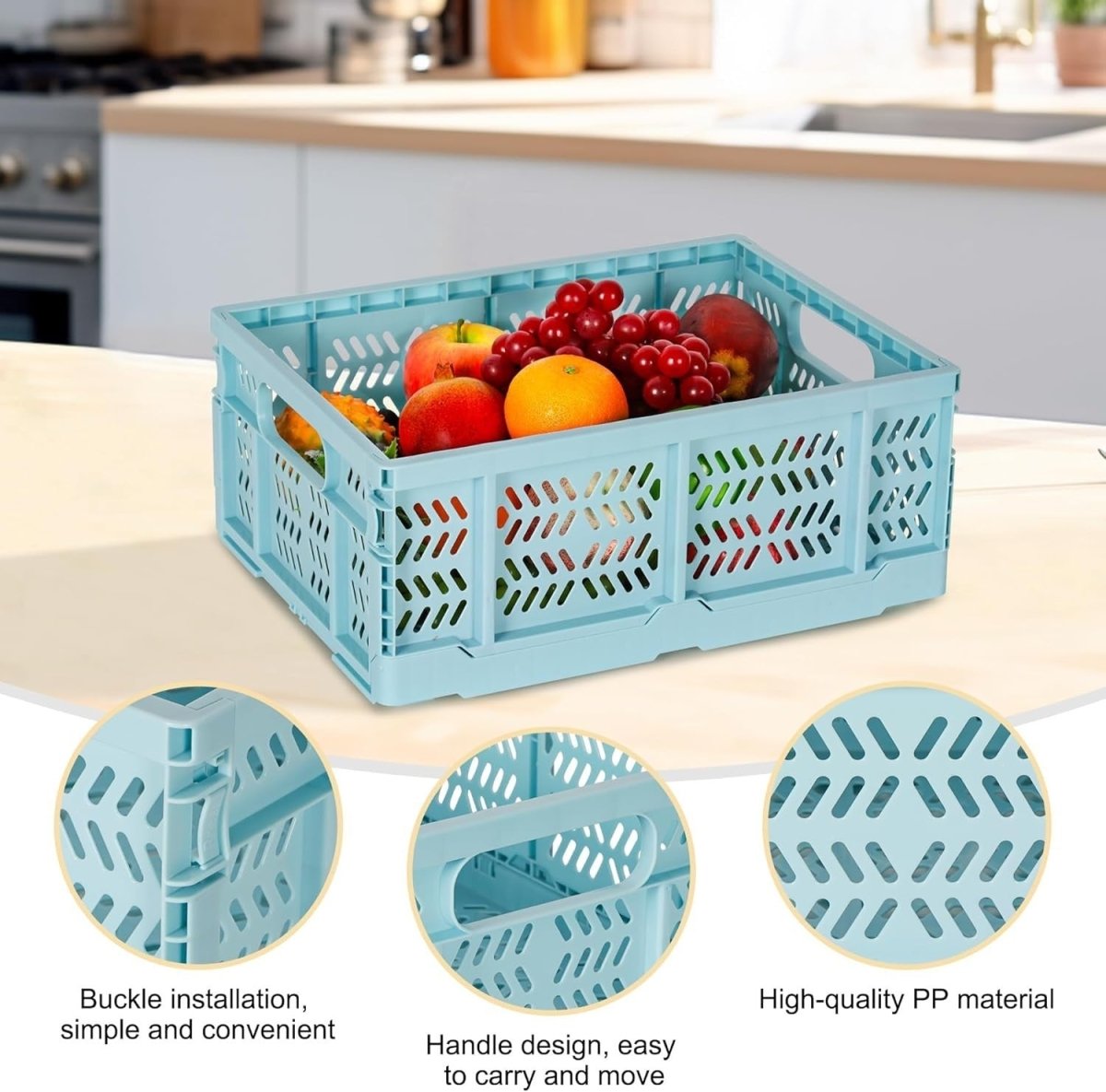 Collapsible Storage Crate 40x30x16.5cm Folding Plastic Box Blue - Kwikley