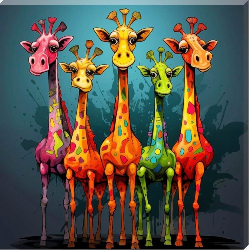Colourful Giraffe Canvas Wall Art Square 38x38in Animal Print - Kwikley