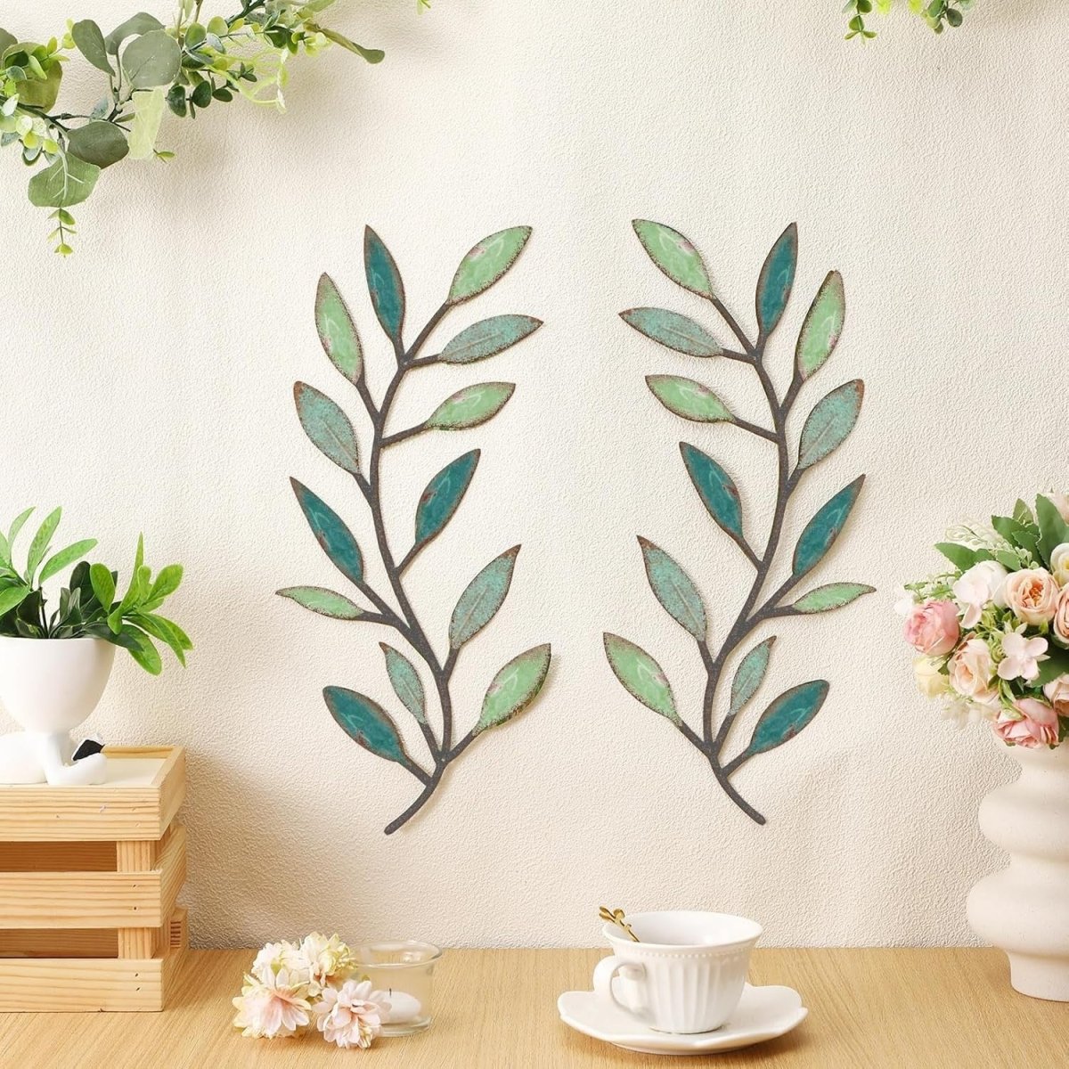 Colourful Metal Leaf Wall Art Set 2 Olive Branch Decor - Kwikley