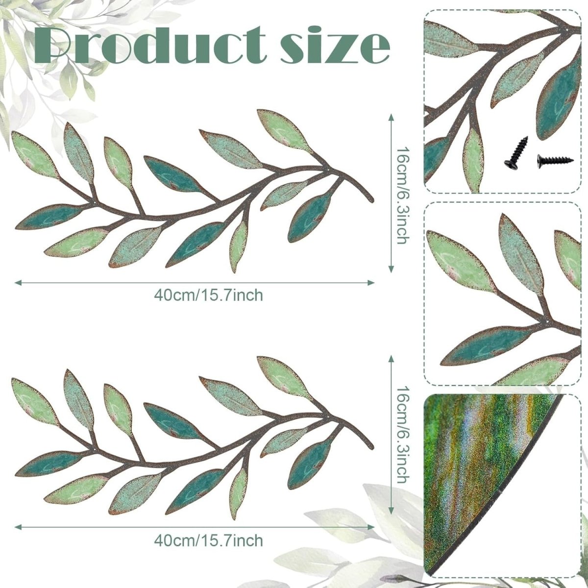 Colourful Metal Leaf Wall Art Set 2 Olive Branch Decor - Kwikley
