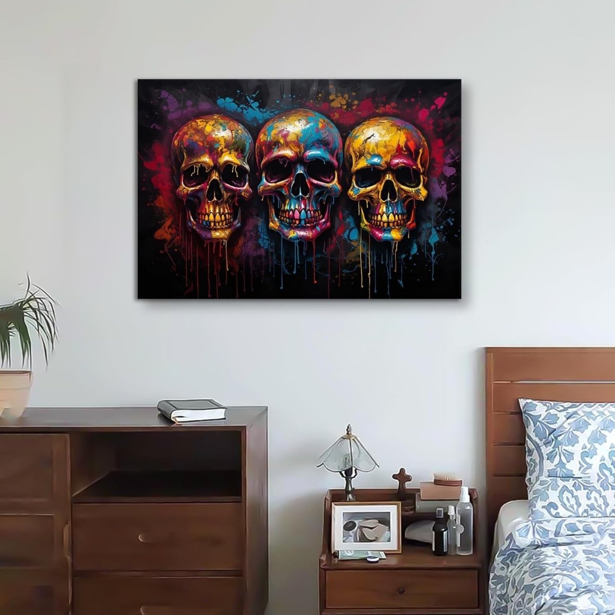 Colourful Skull Canvas Wall Art Graffiti Framed 90x60cm - Kwikley