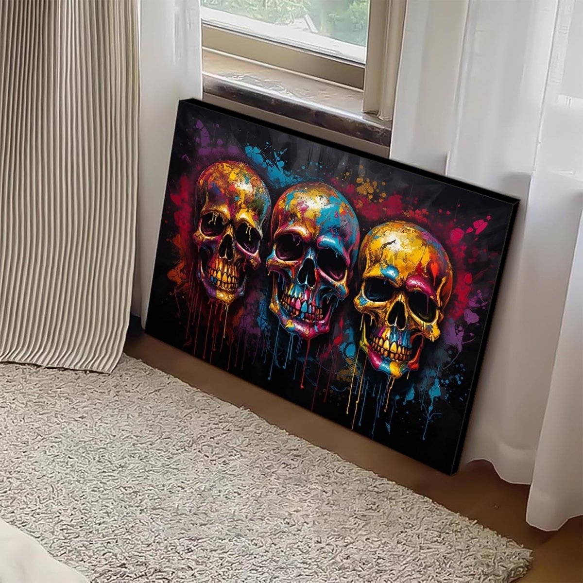 Colourful Skull Canvas Wall Art Graffiti Framed 90x60cm - Kwikley