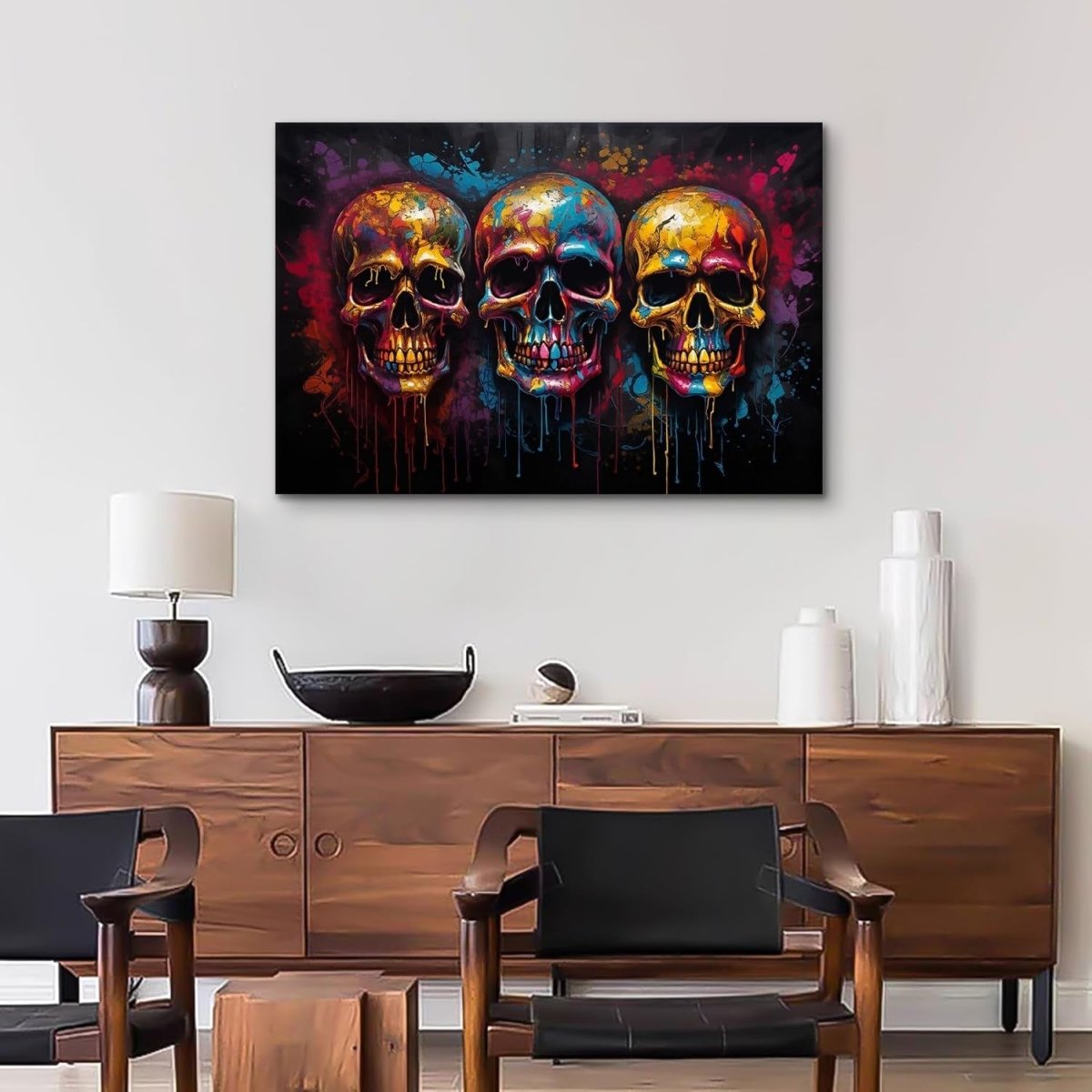 Colourful Skull Canvas Wall Art Graffiti Framed 90x60cm - Kwikley