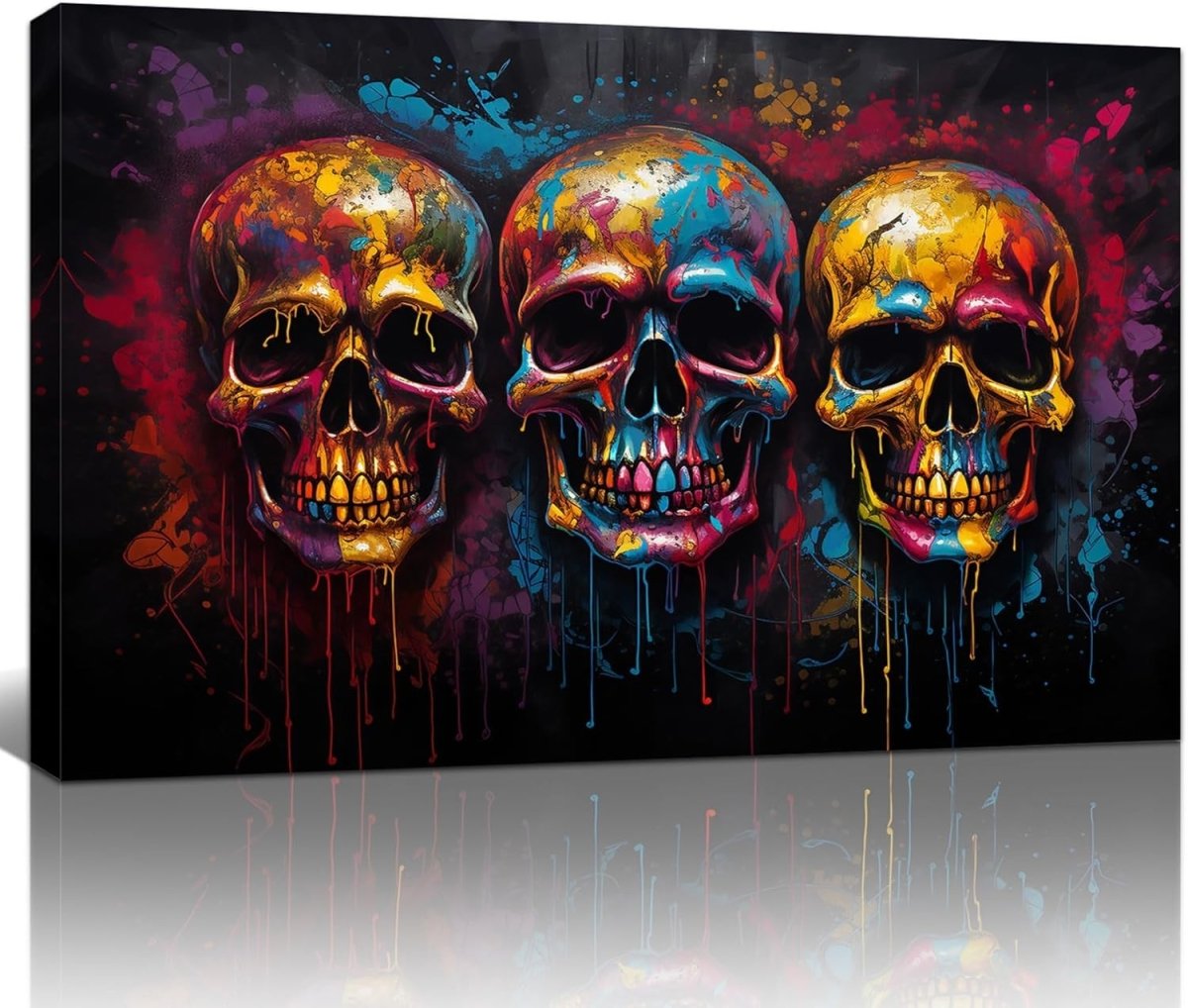 Colourful Skull Canvas Wall Art Graffiti Framed 90x60cm - Kwikley