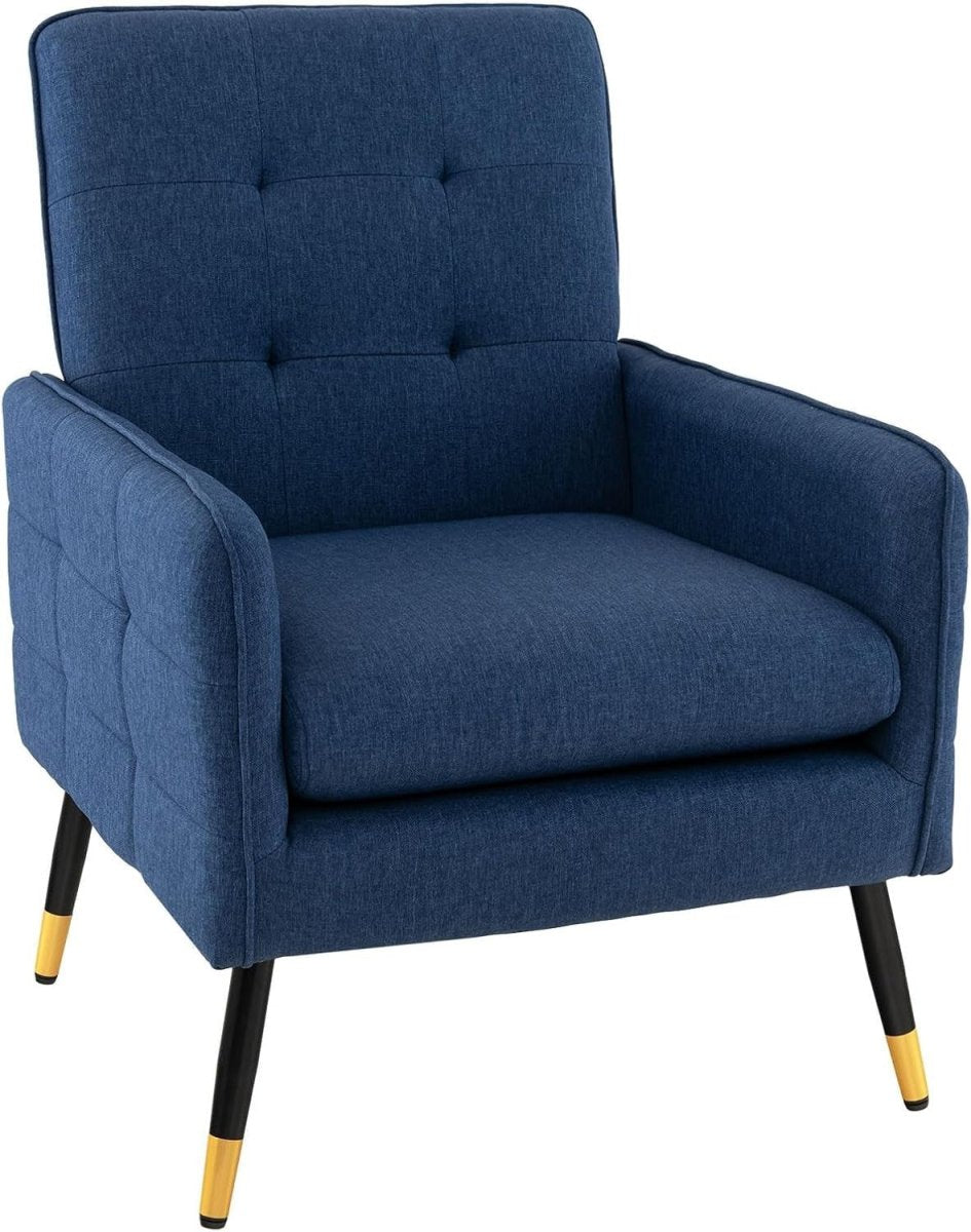 Comfy Blue Linen Accent Chair, Modern Tufted Sofa Chair with Metal Legs - Kwikley