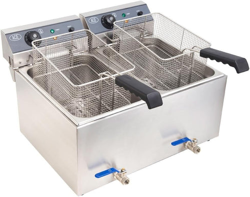 Commercial Electric Double Deep Fryer 20L Dual Tank 6000W Drain Tap Steel - Kwikley