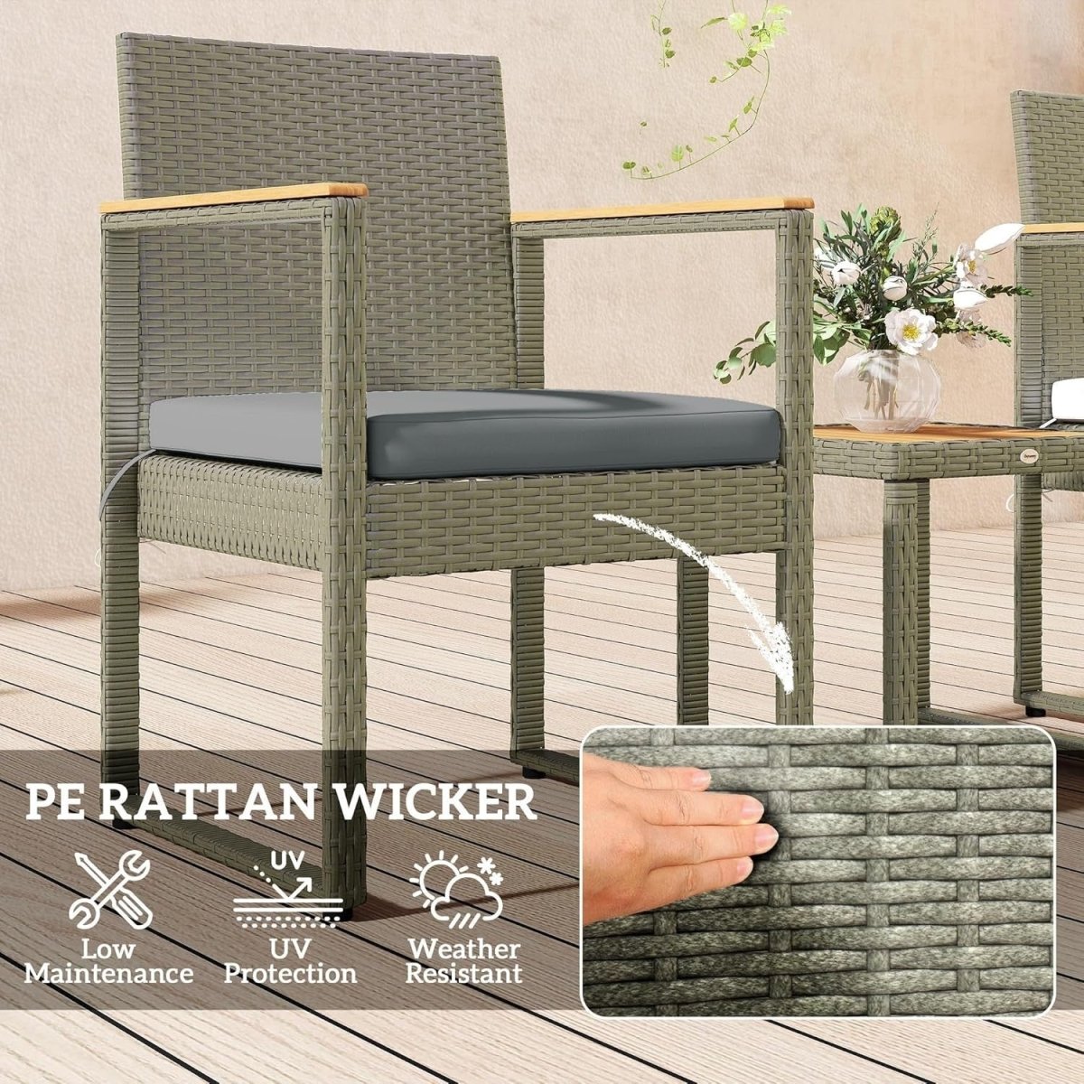 Compact Rattan Balcony Bistro Set with Cushioned Chairs & Wood Top Table - Kwikley