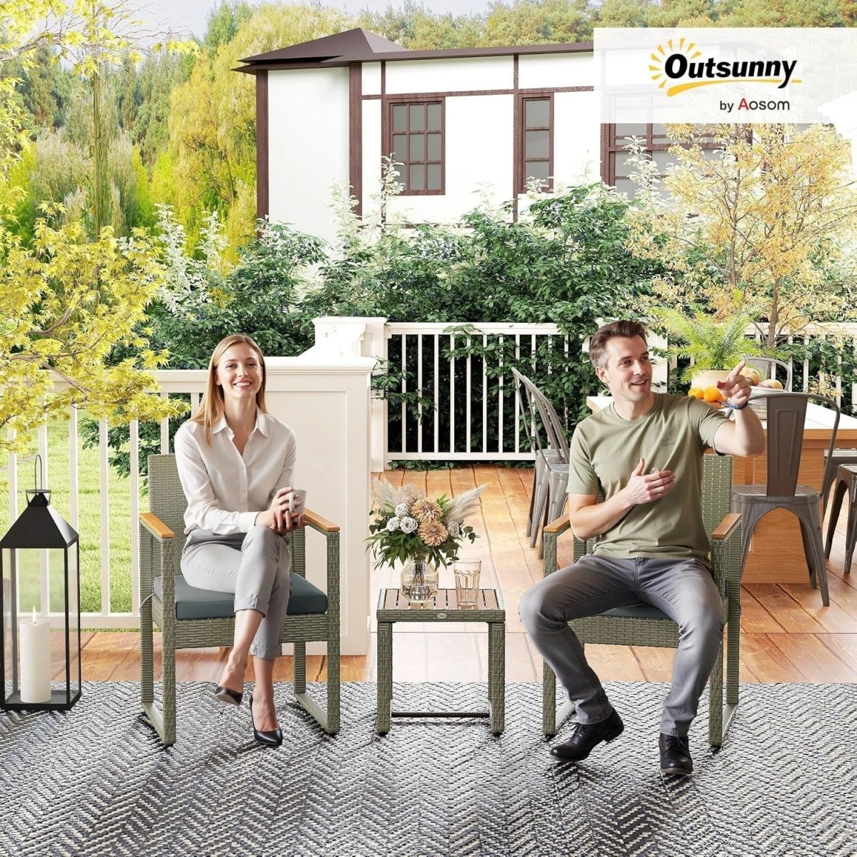 Compact Rattan Balcony Bistro Set with Cushioned Chairs & Wood Top Table - Kwikley