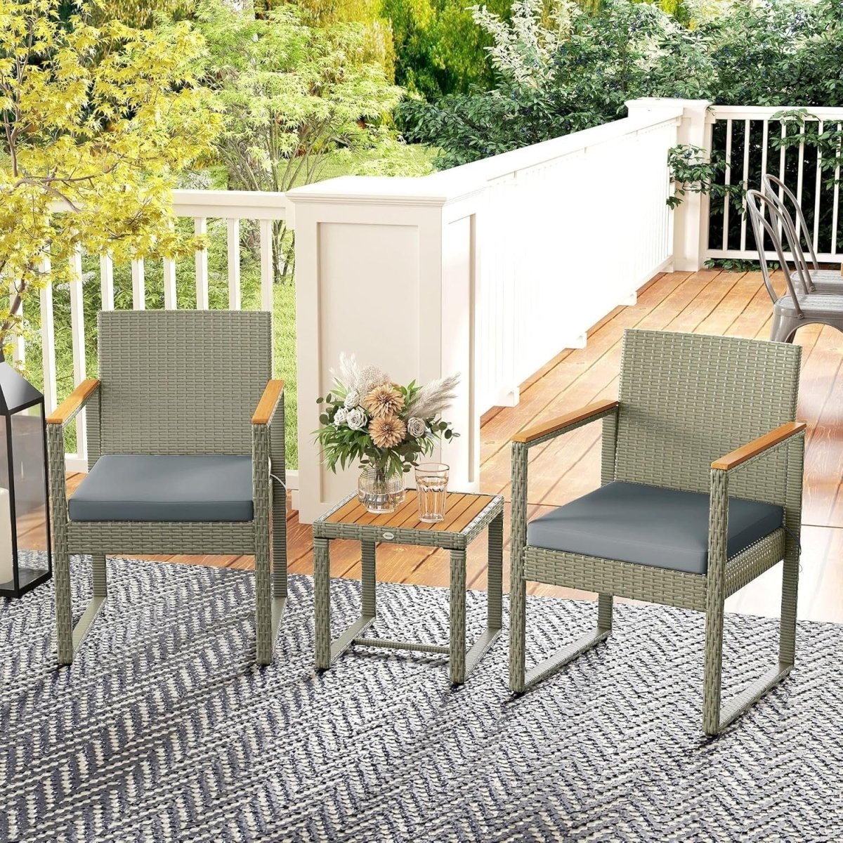 Compact Rattan Balcony Bistro Set with Cushioned Chairs & Wood Top Table - Kwikley