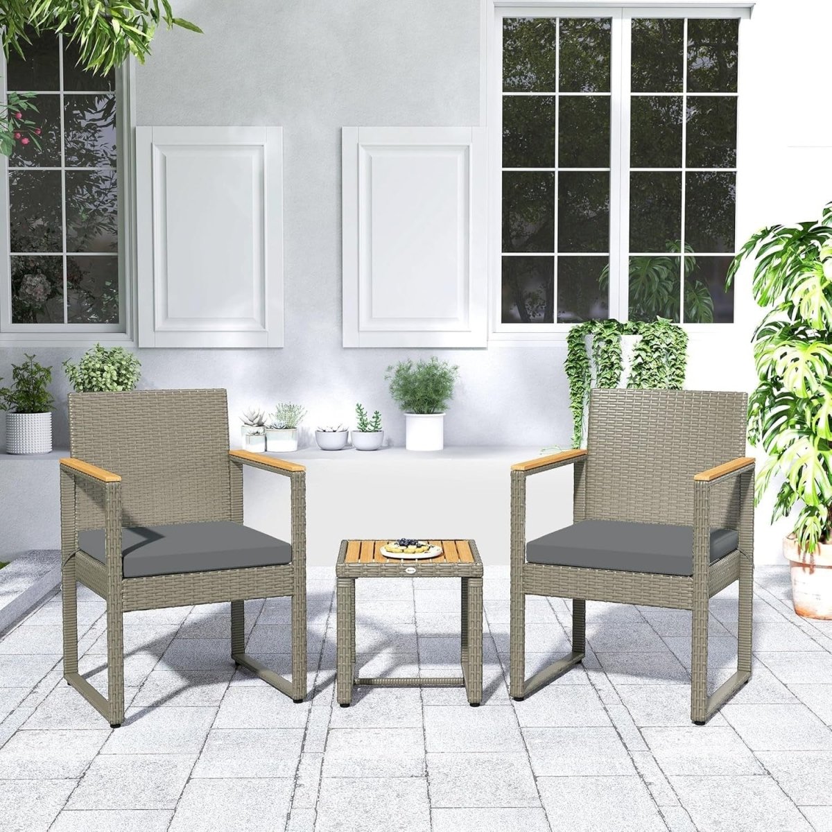 Compact Rattan Balcony Bistro Set with Cushioned Chairs & Wood Top Table - Kwikley