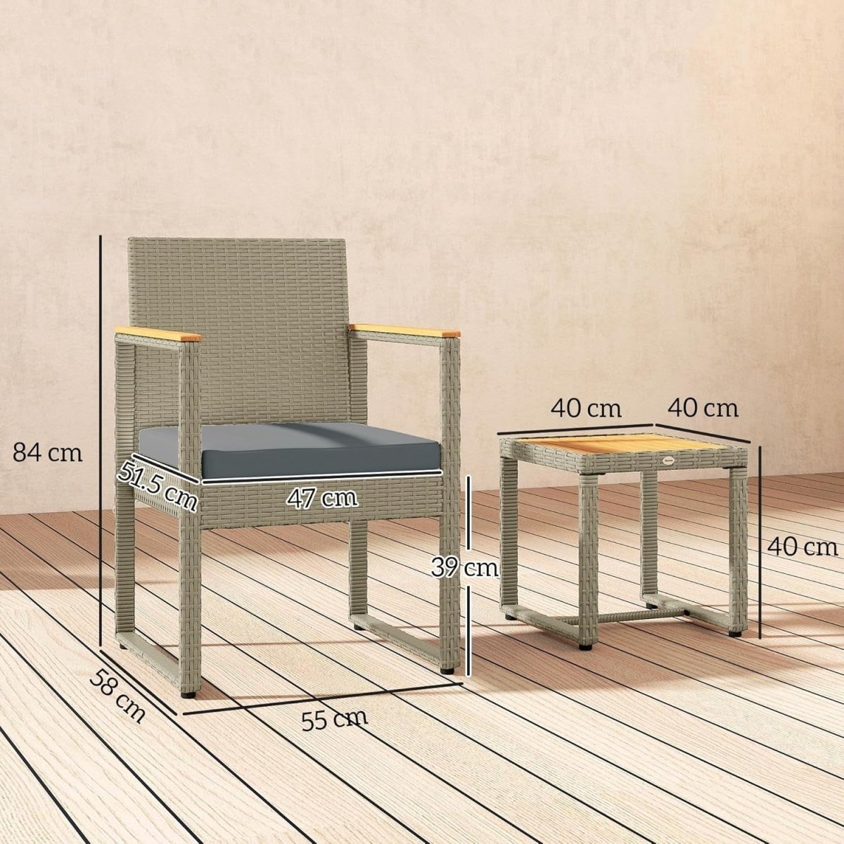 Compact Rattan Balcony Bistro Set with Cushioned Chairs & Wood Top Table - Kwikley