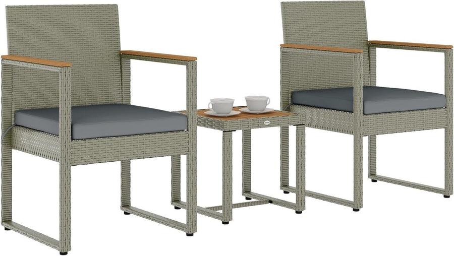 Compact Rattan Balcony Bistro Set with Cushioned Chairs & Wood Top Table - Kwikley