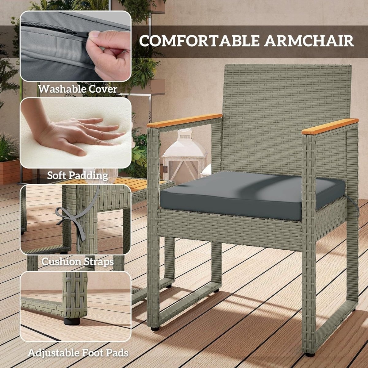 Compact Rattan Balcony Bistro Set with Cushioned Chairs & Wood Top Table - Kwikley