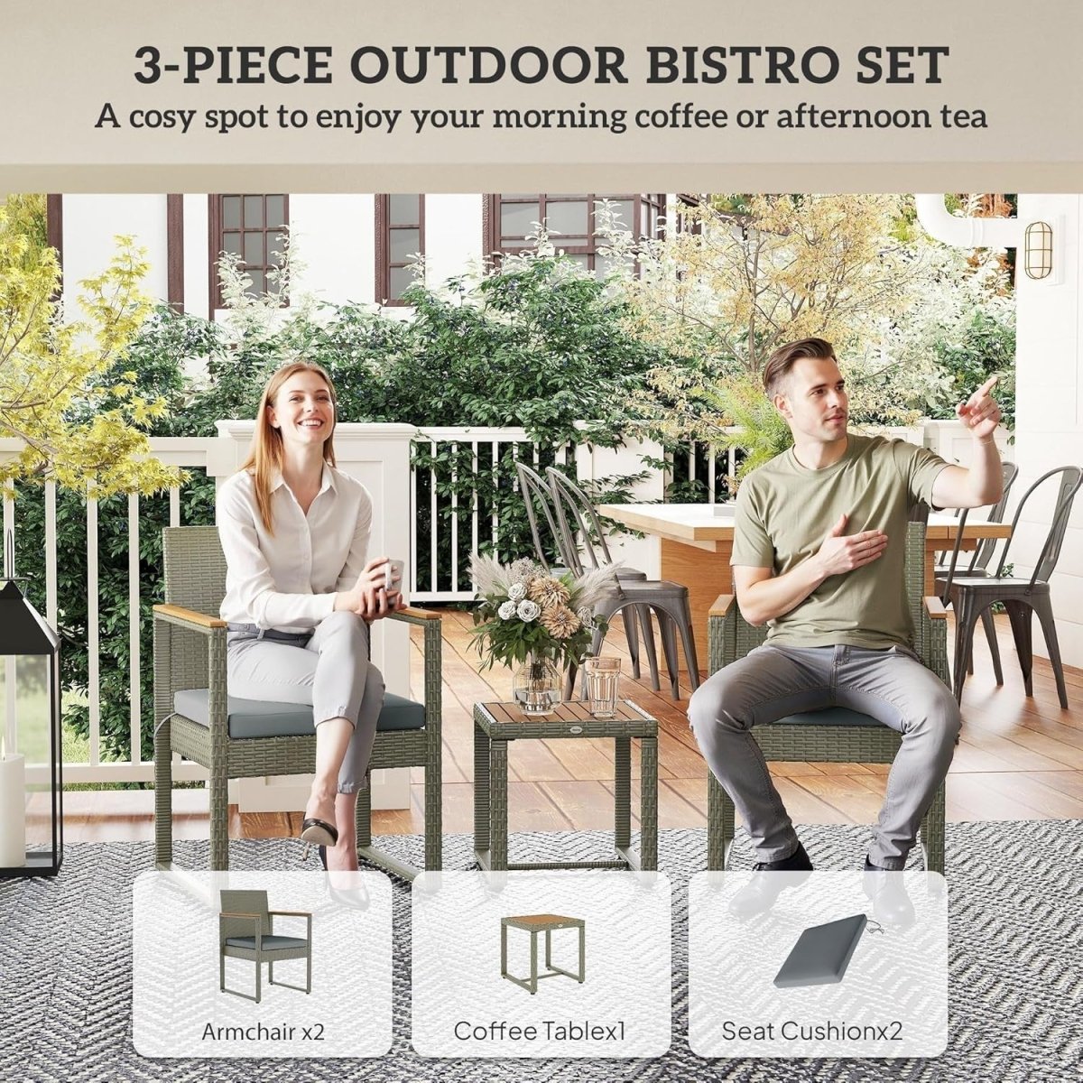 Compact Rattan Balcony Bistro Set with Cushioned Chairs & Wood Top Table - Kwikley