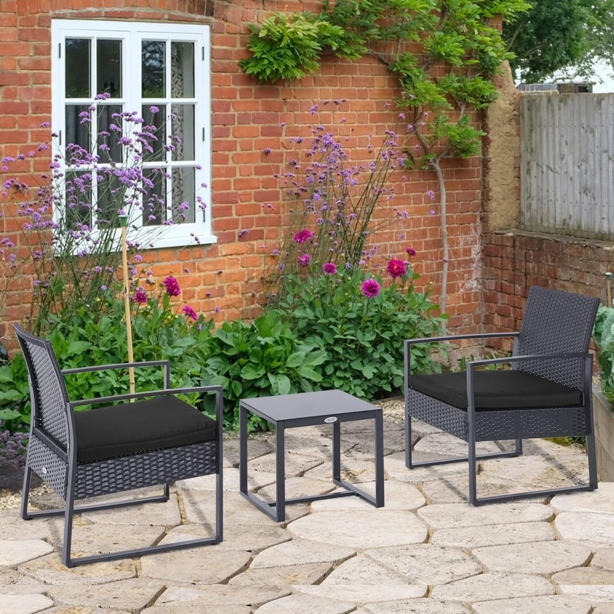 Compact Rattan Garden Bistro Set 3PC Cushioned Chairs Glass Table Patio - Kwikley