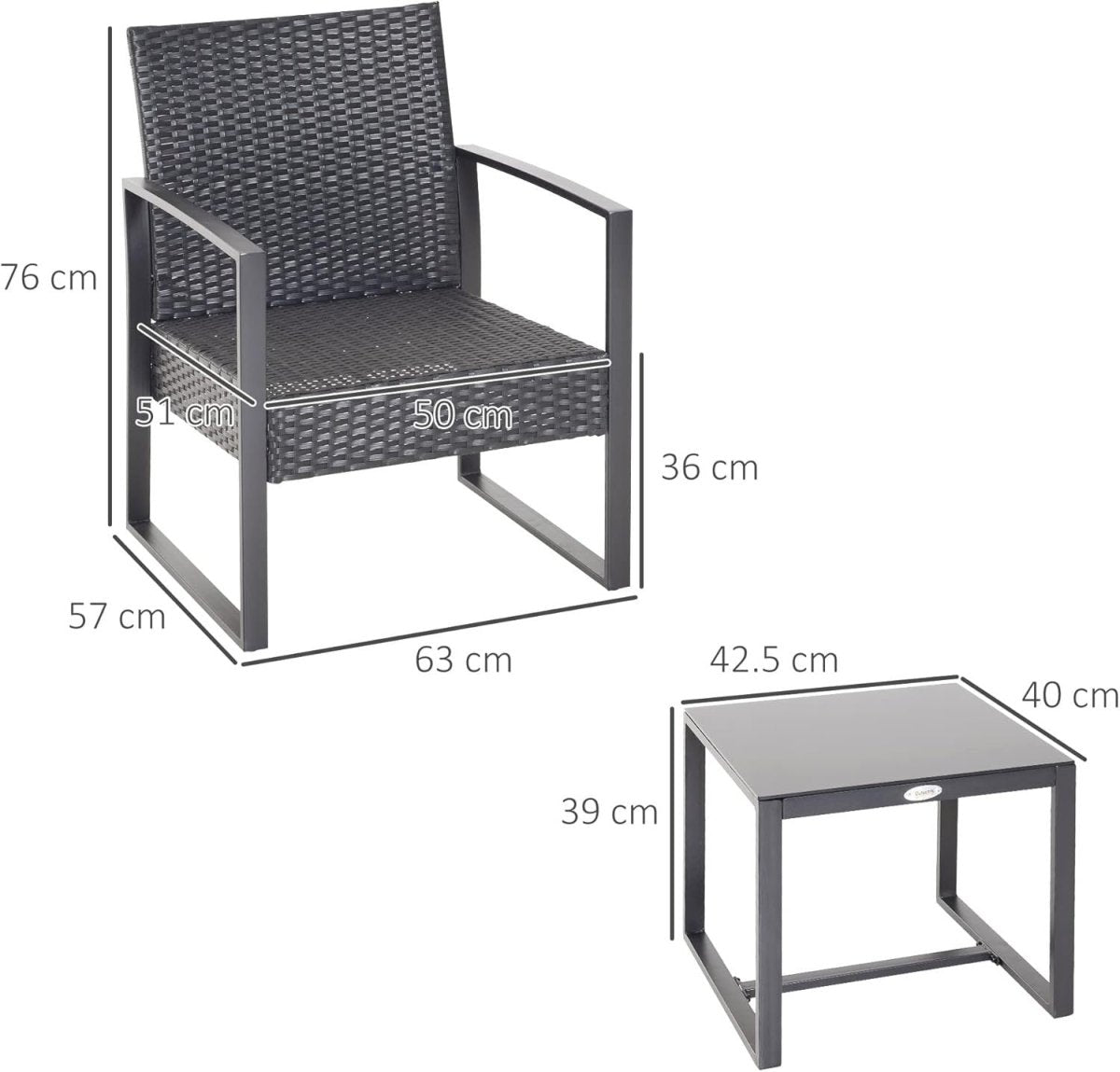 Compact Rattan Garden Bistro Set 3PC Cushioned Chairs Glass Table Patio - Kwikley