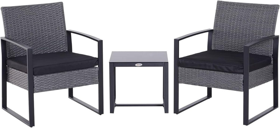 Compact Rattan Garden Bistro Set 3PC Cushioned Chairs Glass Table Patio - Kwikley