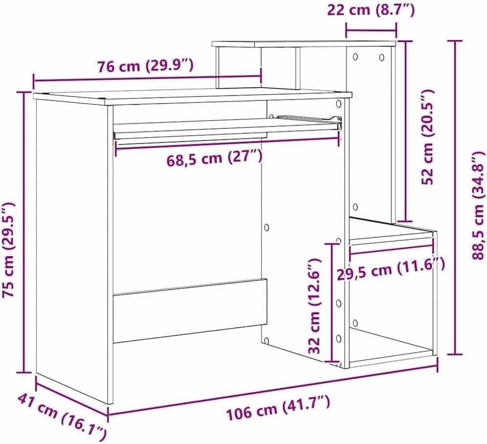 Concrete Grey Desk 106x40cm Modern Wood Office Table with Shelves Storage - Kwikley